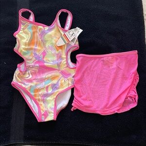 OP Kids One Piece Swimsuit with skirt cover up Pink and Yellow Swirl nwt